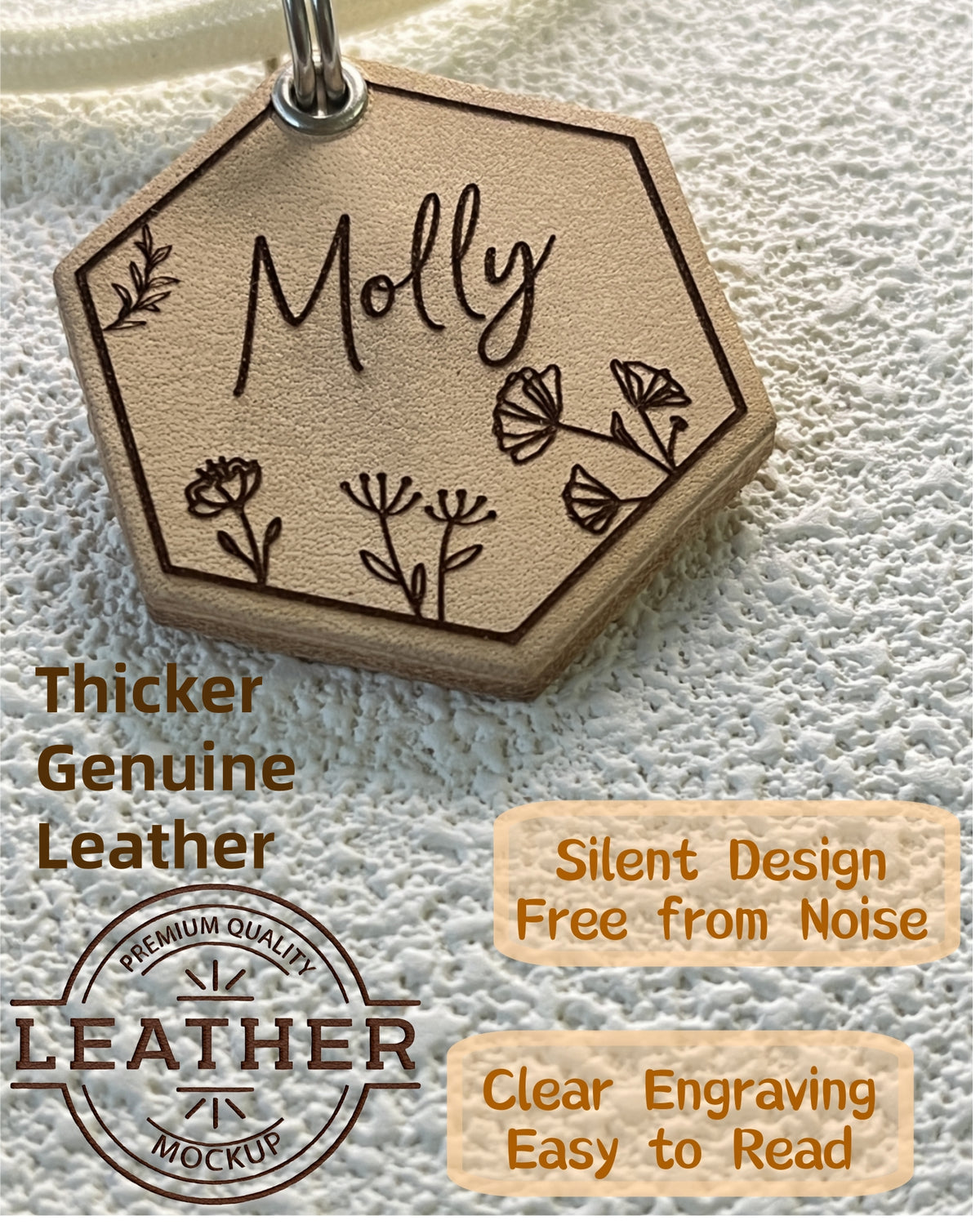 Leather Silent Dog Tags Personalized,Custom Engraved Name Dog Tag Silencer,Large or Small Pet ID Tag for Collar （Natural Sand)