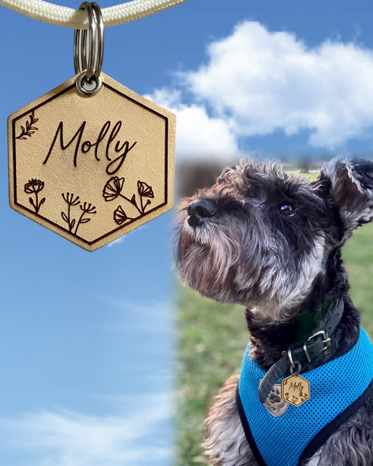 Leather Silent Dog Tags Personalized,Custom Engraved Name Dog Tag Silencer,Large or Small Pet ID Tag for Collar （Natural Sand)