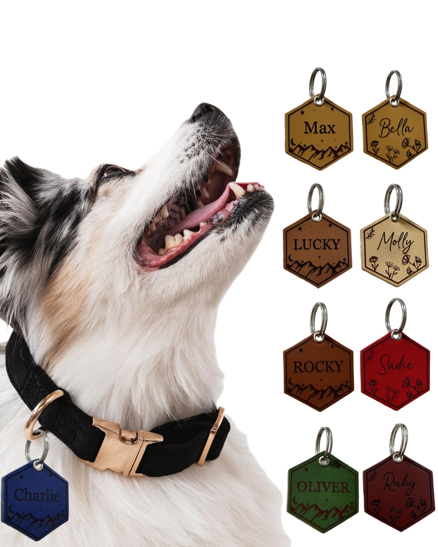 Leather Silent Dog Tags Personalized,Custom Engraved Name Dog Tag Silencer,Large or Small Pet ID Tag for Collar （Navy Blue)