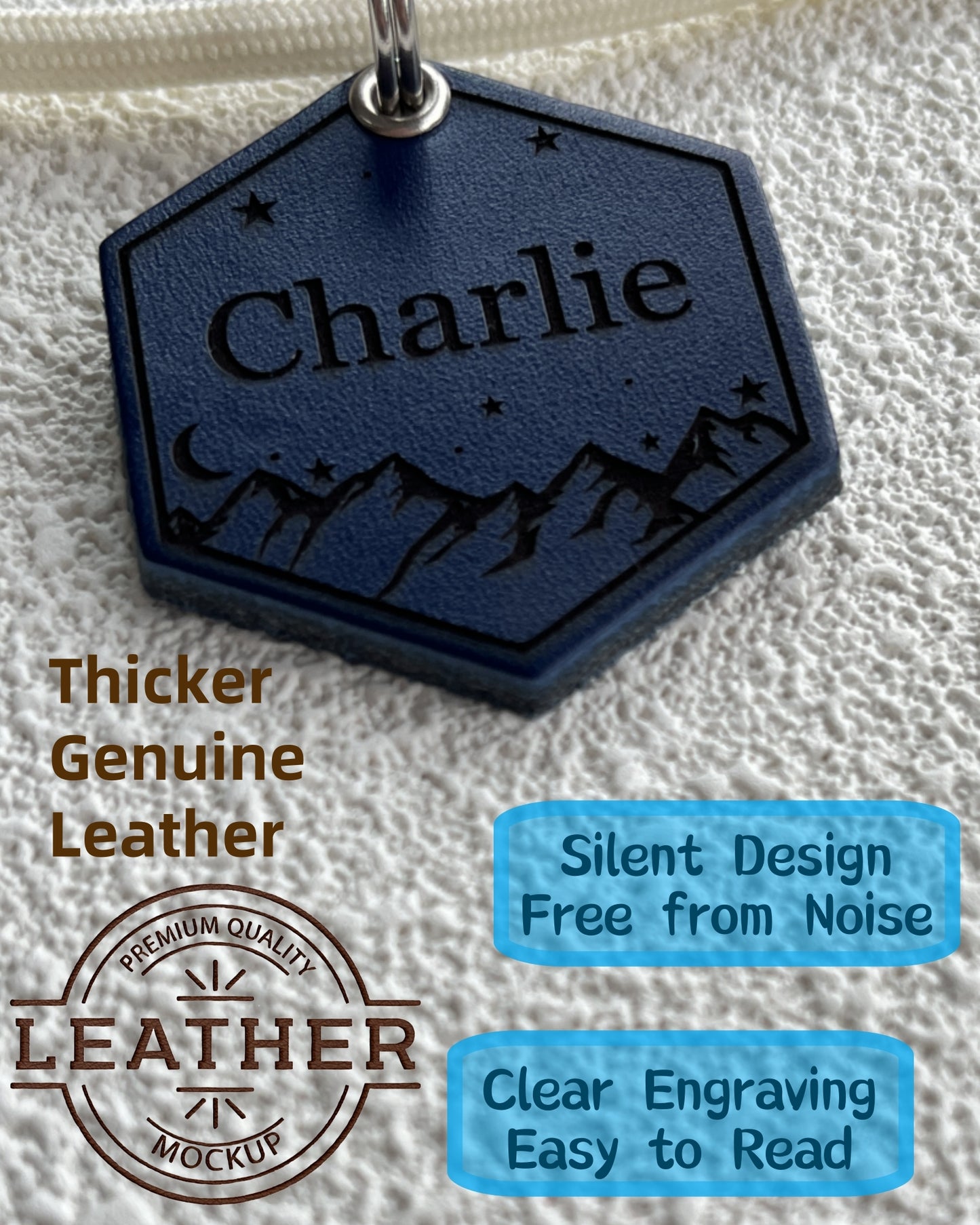Leather Silent Dog Tags Personalized,Custom Engraved Name Dog Tag Silencer,Large or Small Pet ID Tag for Collar （Navy Blue)