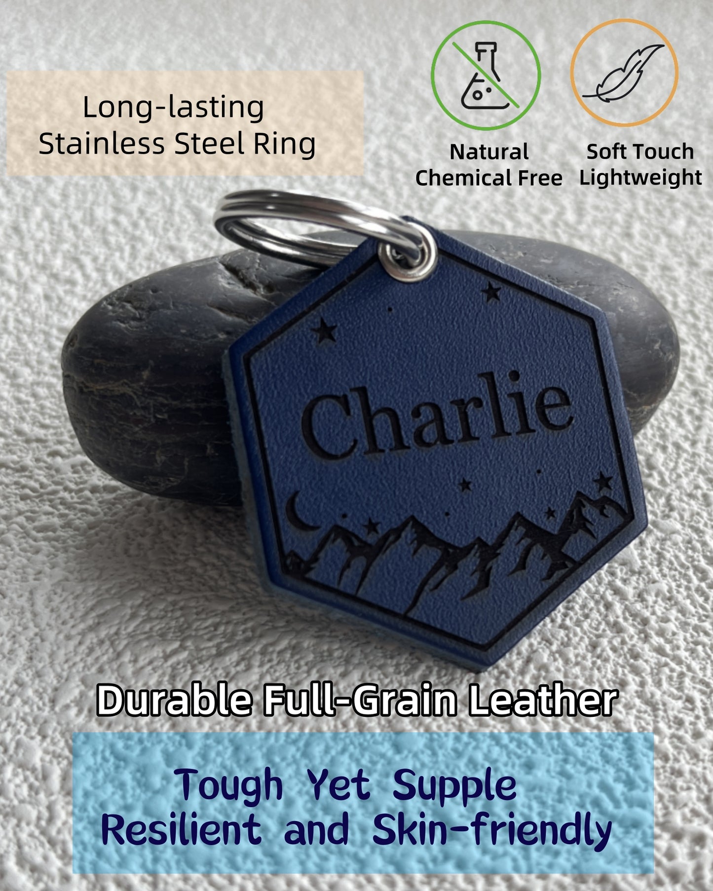 Leather Silent Dog Tags Personalized,Custom Engraved Name Dog Tag Silencer,Large or Small Pet ID Tag for Collar （Navy Blue)