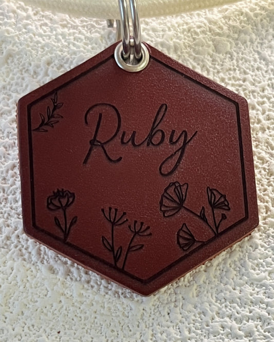 Leather Silent Dog Tags Personalized,Custom Engraved Name Dog Tag Silencer,Large or Small Pet ID Tag for Collar （Plum Burgundy)