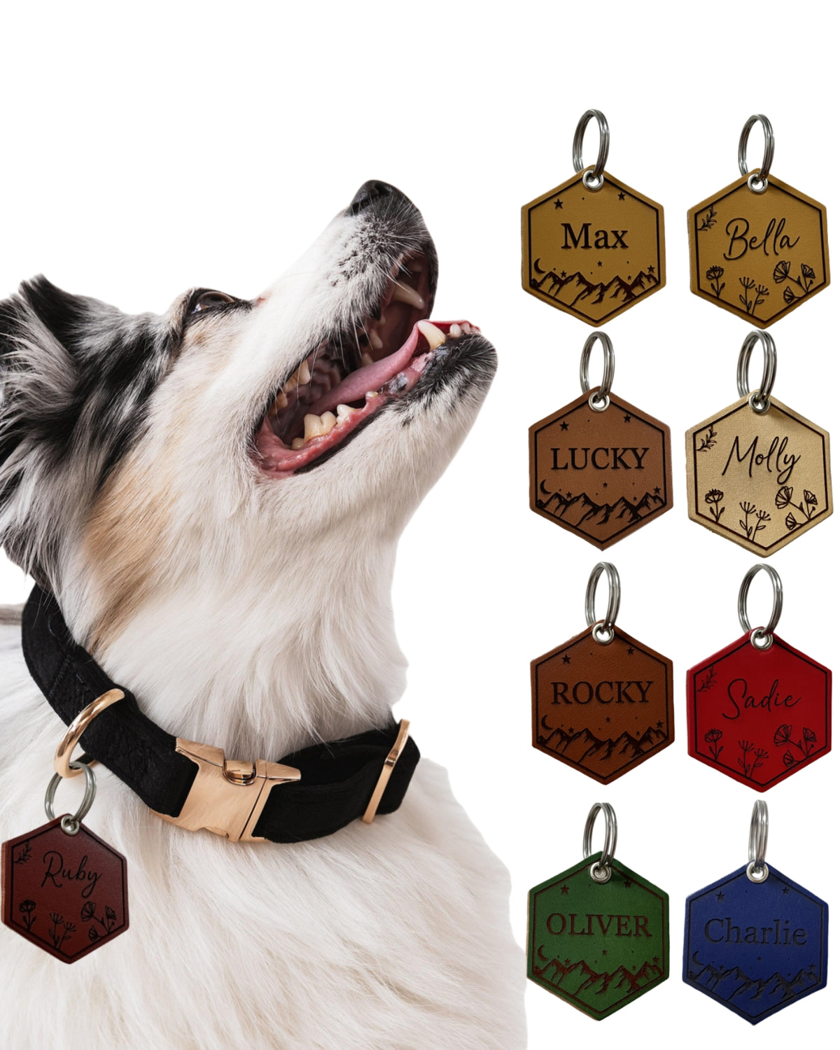 Leather Silent Dog Tags Personalized,Custom Engraved Name Dog Tag Silencer,Large or Small Pet ID Tag for Collar （Plum Burgundy)