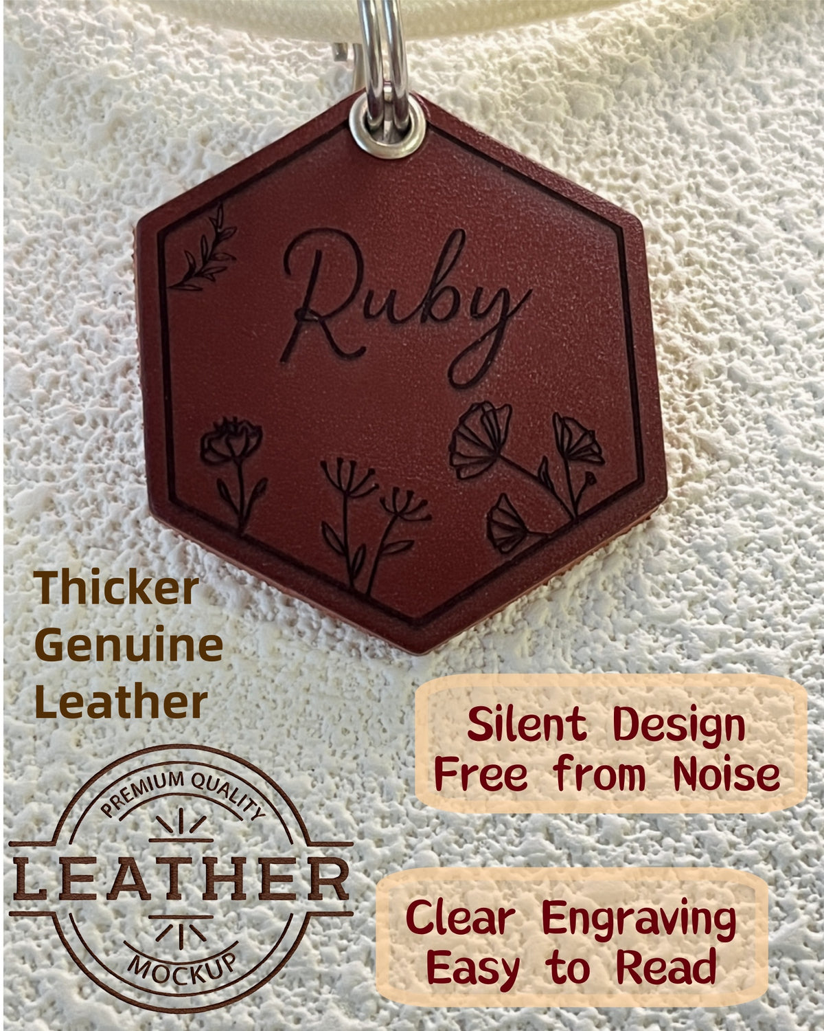 Leather Silent Dog Tags Personalized,Custom Engraved Name Dog Tag Silencer,Large or Small Pet ID Tag for Collar （Plum Burgundy)