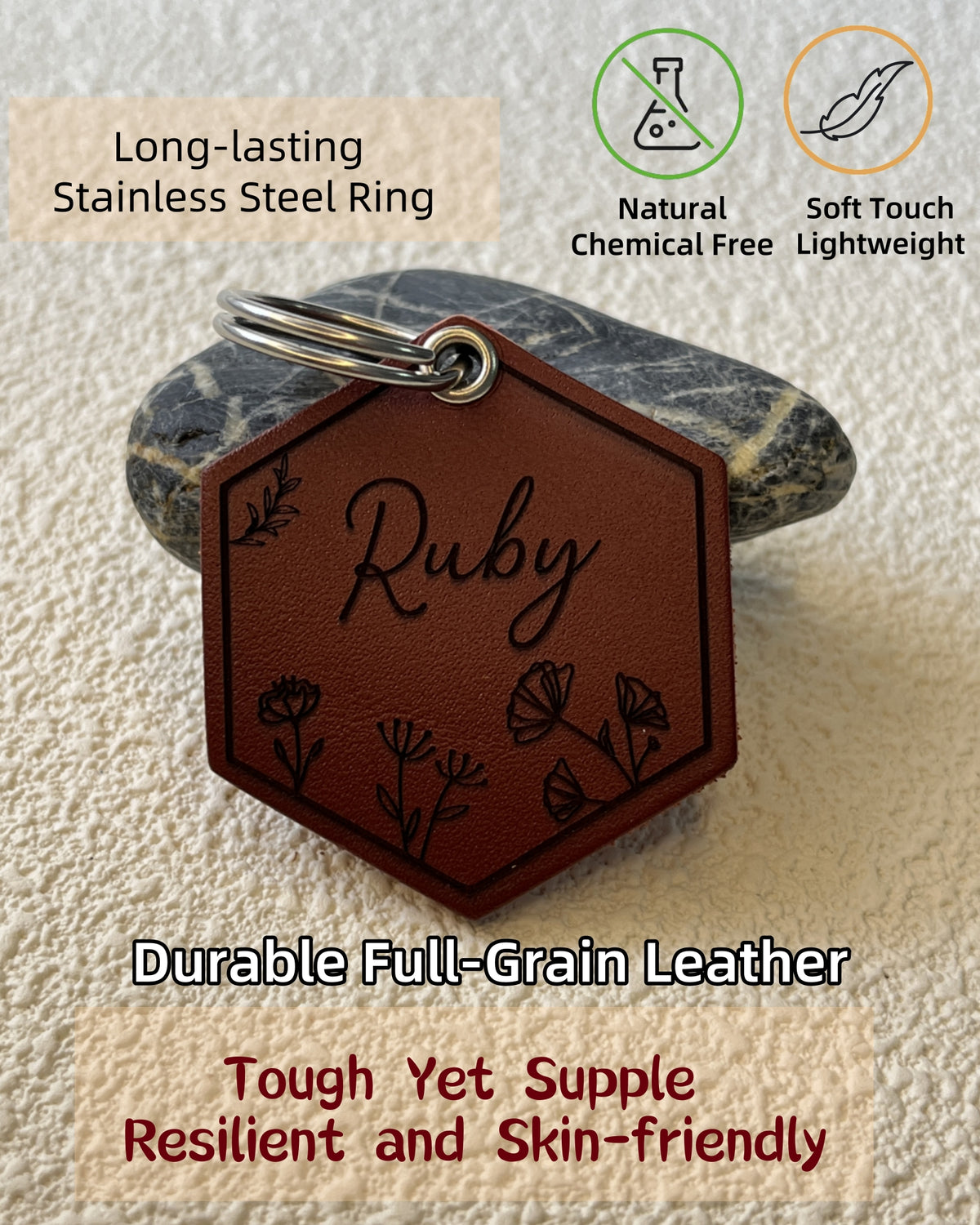 Leather Silent Dog Tags Personalized,Custom Engraved Name Dog Tag Silencer,Large or Small Pet ID Tag for Collar （Plum Burgundy)