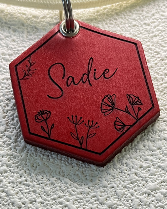 Leather Silent Dog Tags Personalized,Custom Engraved Name Dog Tag Silencer,Large or Small Pet ID Tag for Collar （Ruby Red)
