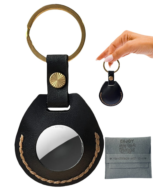 Compatible with Airtag Keychain Holder Full-grain Genuine Leather Air Tag Key Ring Case Women Men Gifts Handmade ( Raven Black)