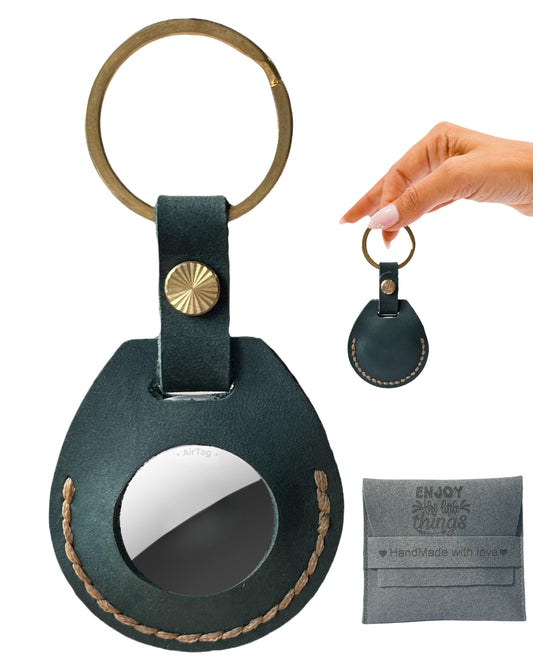 Compatible with Airtag Keychain Holder Full-grain Genuine Leather Air Tag Key Ring Case Women Men Gifts Handmade (Ocean Blue)