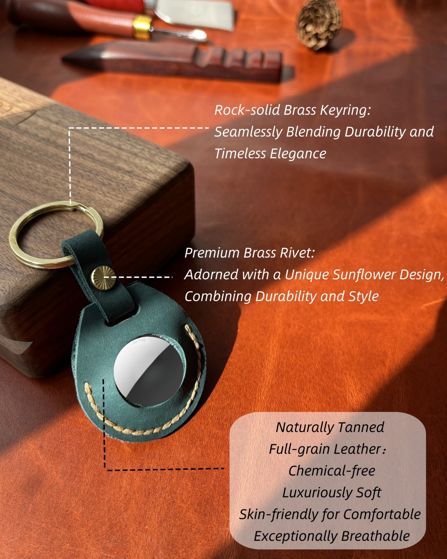 Compatible with Airtag Keychain Holder Full-grain Genuine Leather Air Tag Key Ring Case Women Men Gifts Handmade (Ocean Blue)