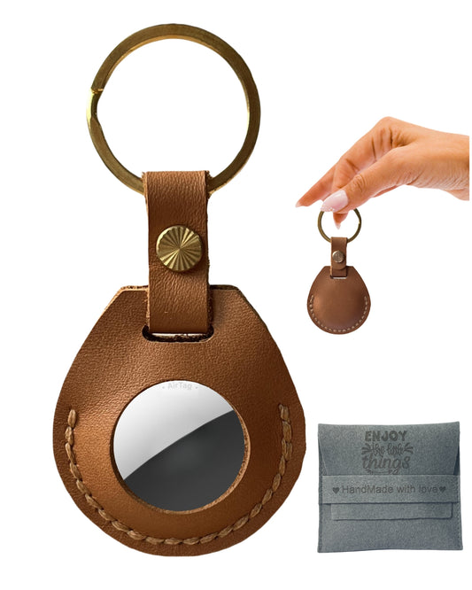 Compatible with Airtag Keychain Holder Full-grain Genuine Leather Air Tag Key Ring Case Women Men Gifts Handmade ( British Tan )