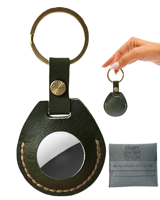 Compatible with Airtag Keychain Holder Full-grain Genuine Leather Air Tag Key Ring Case Women Men Gifts Handmade ( Olive )