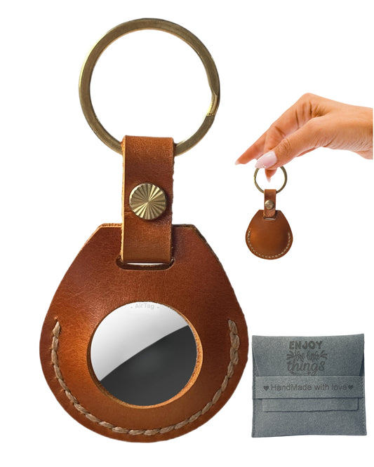 Compatible with Airtag Keychain Holder Full-grain Genuine Leather Air Tag Key Ring Case Women Men Gifts Handmade (Moroccan Honey)