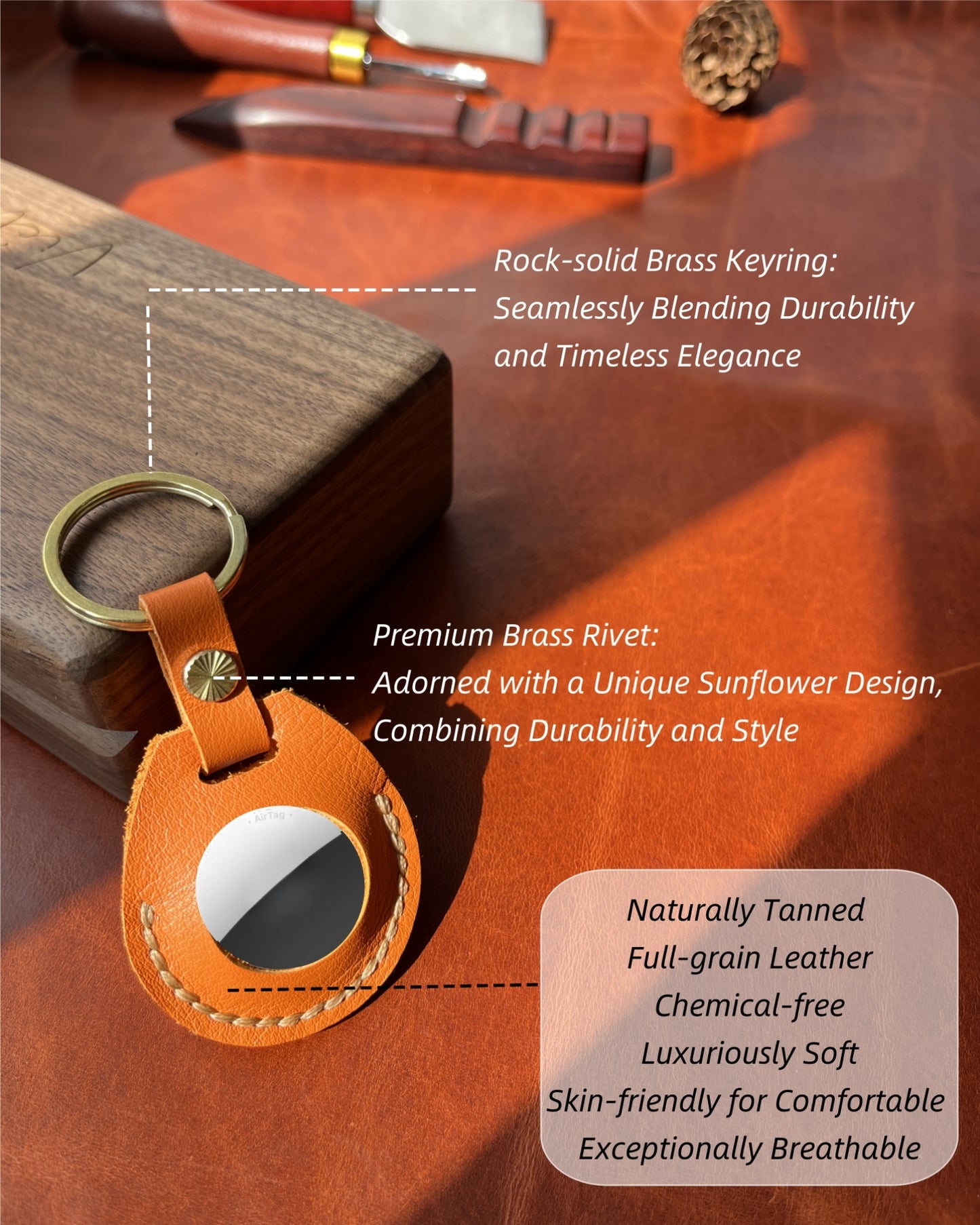 Compatible with Airtag Keychain Holder Full-grain Genuine Leather Air Tag Key Ring Case Women Men Gifts Handmade ( Vibrant Orange )