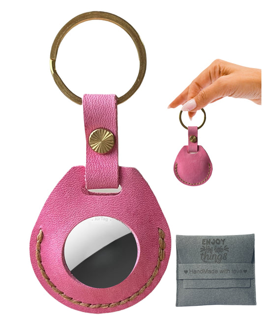 Compatible with Airtag Keychain Holder Full-grain Genuine Leather Air Tag Key Ring Case Women Men Gifts Handmade (Pink Barbie)