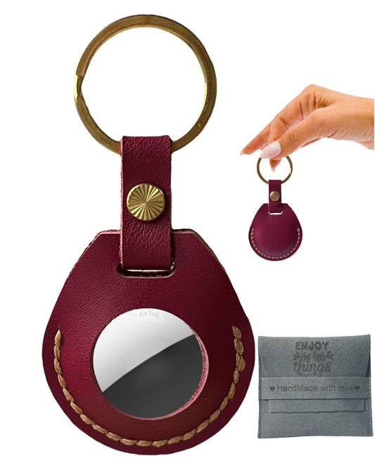 Compatible with Airtag Keychain Holder Full-grain Genuine Leather Air Tag Key Ring Case Women Men Gifts Handmade ( Plum Purple)
