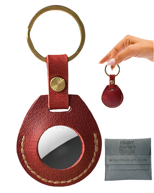 Compatible with Airtag Keychain Holder Full-grain Genuine Leather Air Tag Key Ring Case Women Men Gifts Handmade ( Ruby Red )