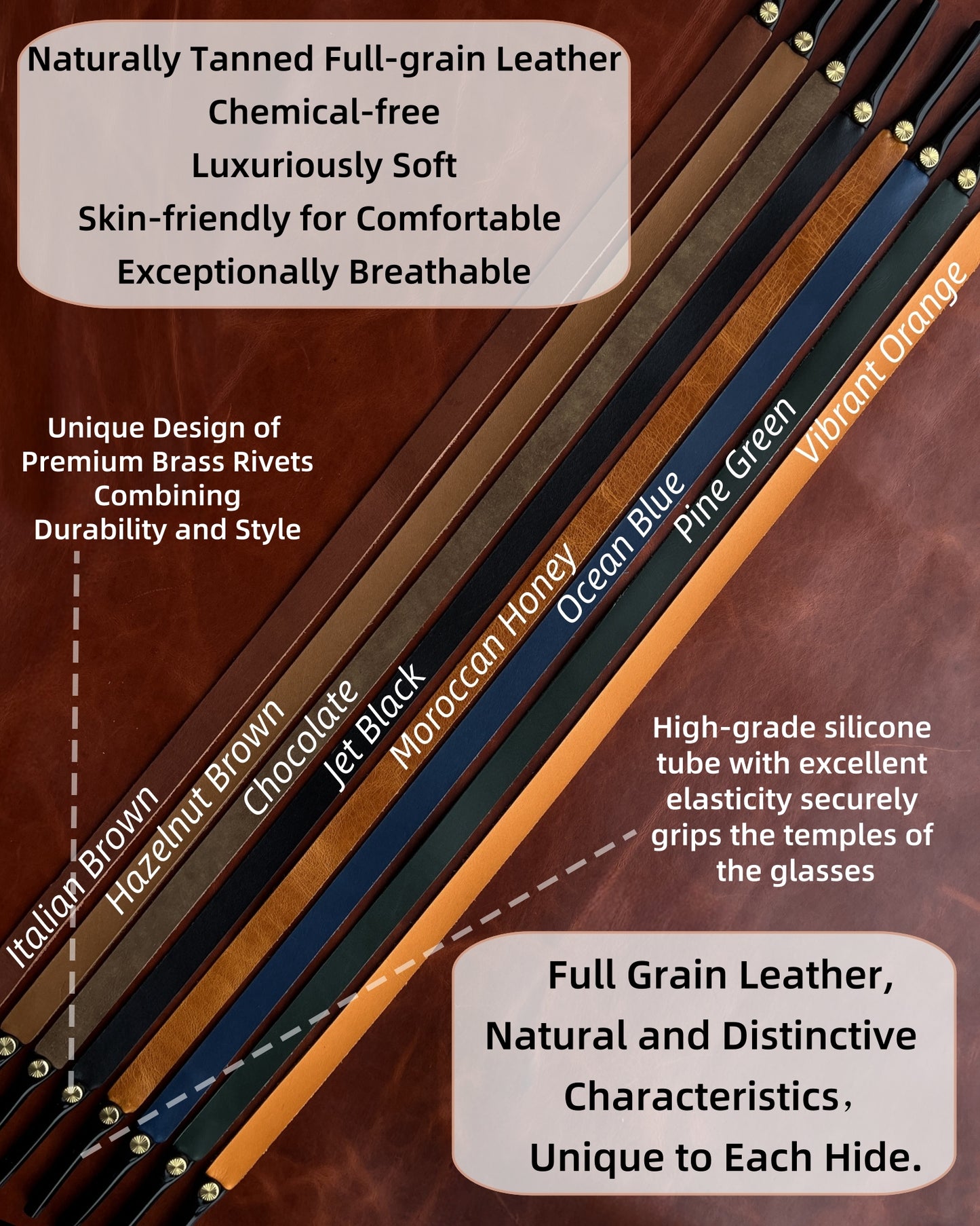 PROVBORN Full-grain Leather Glasses Strap Handmade Sports Sunglasses Eyeglasses Holders Around Neck Present for Men Women, Personalized Monogrammed  (SKU: PV-M Strap Mono)