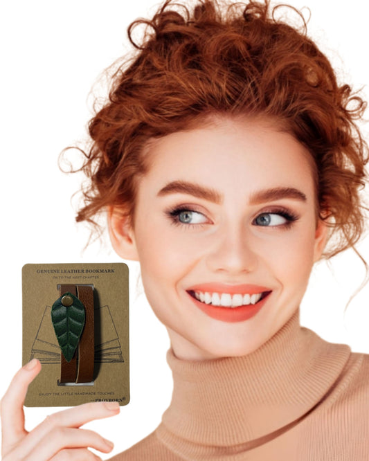 Book Lover Gifts for Women Men, Full-Grain Leather Bookmark for Reading, Unique Cute Fun Personalized Book Mark, Handmade Gift for Birthday Christmas Anniversary Retirement (Leaf Forest Green)