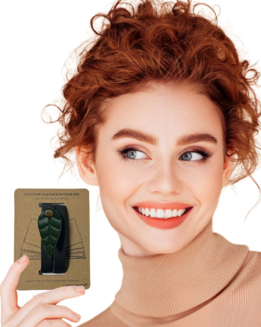 Book Lover Gifts for Women Men, Full-Grain Leather Bookmark for Reading, Unique Cute Fun Personalized Book Mark, Handmade Gift for Birthday Christmas Anniversary Retirement (Forest Green Leaf Black Strap)