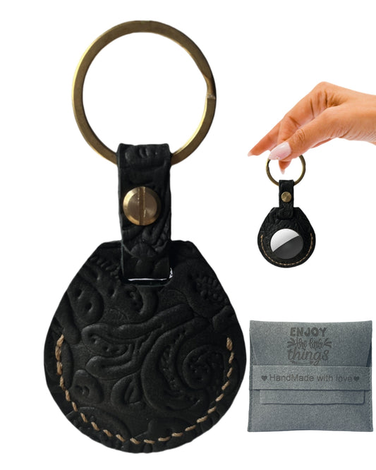 Compatible with Airtag Keychain Holder Full-grain Genuine Leather Air Tag Key Ring Case Women Men Gifts Handmade (A Black Flower)