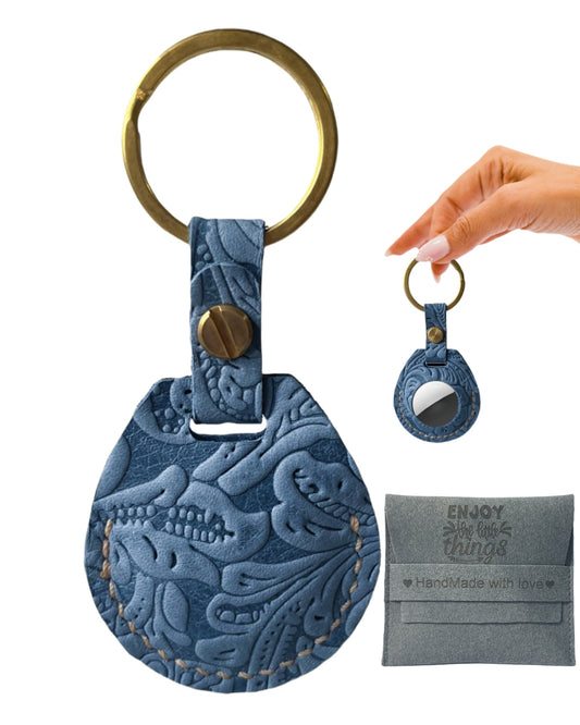 Compatible with Airtag Keychain Holder Full-grain Genuine Leather Air Tag Key Ring Case Women Men Gifts Handmade (A Blue Flower)