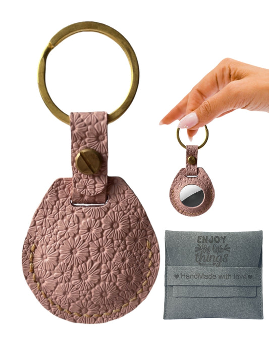 Compatible with Airtag Keychain Holder Full-grain Genuine Leather Air Tag Key Ring Case Women Men Gifts Handmade (A Blush Pink Flower)