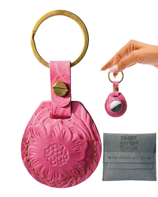 Compatible with Airtag Keychain Holder Full-grain Genuine Leather Air Tag Key Ring Case Women Men Gifts Handmade (A Hot Pink Flower)
