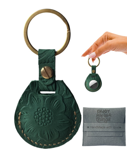 Compatible with Airtag Keychain Holder Full-grain Genuine Leather Air Tag Key Ring Case Women Men Gifts Handmade (A Pine Green Flower)